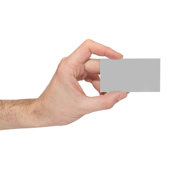 Gray card blank in a hand isolated