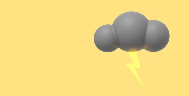 Gray cartoon cloud with lightning 3D rendering Icon on yellow background space for text