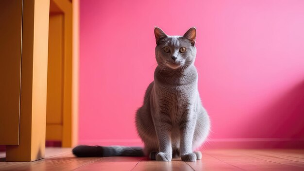 gray cat on a background of a pink wall calm concept