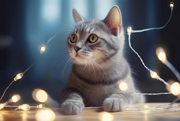 a gray cat chewing on string of lights in the style of contemporary fairy tale