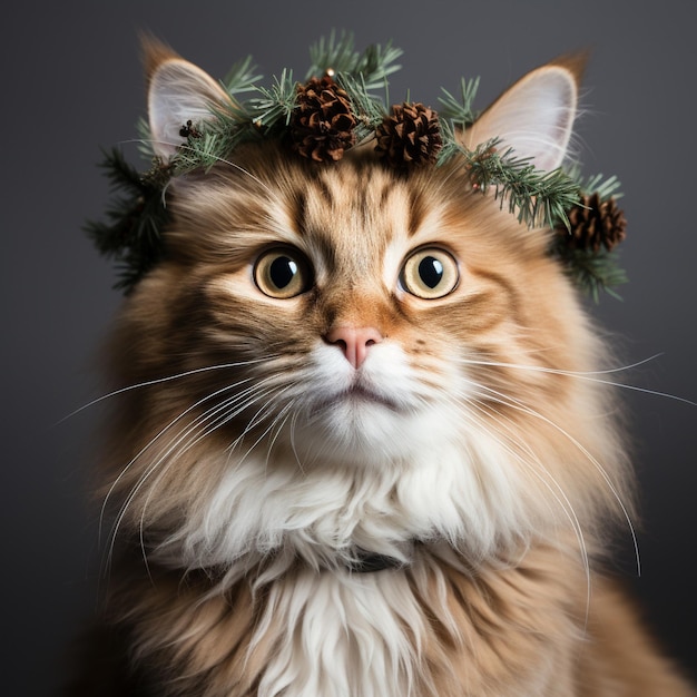 クリスマスの花束をかぶった灰色の猫の高品質の写真