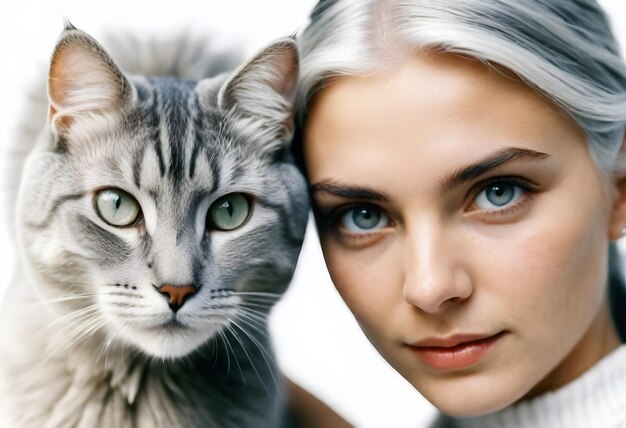 gray cat and gray haired woman with cat eyes