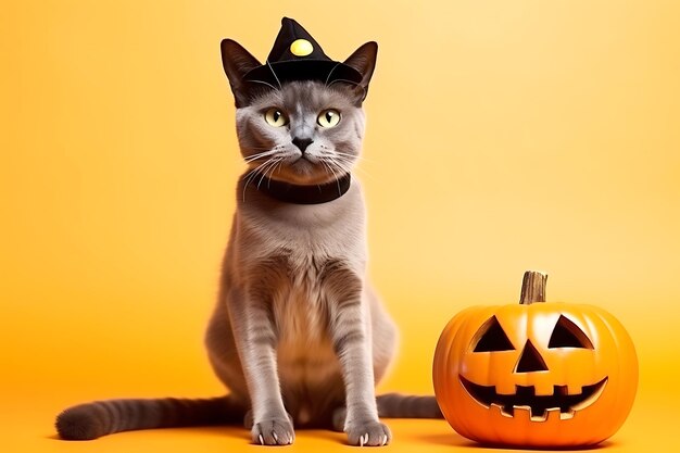 모자를 입은 회색 고양이가 오렌지색 배경에서 호박 에 포즈를 취하고 있다.