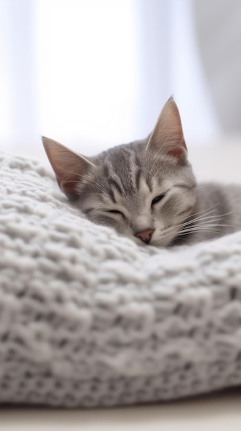 A gray cat is sleeping on a bed ai