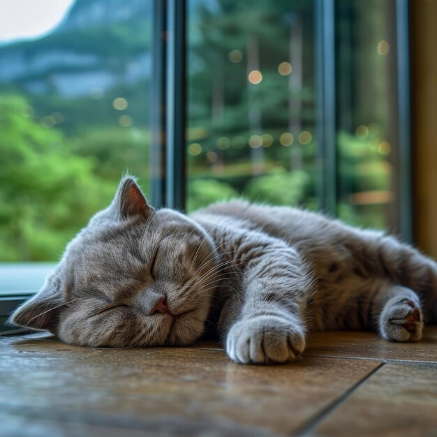 Photo a gray cat is sleeping on the floor in front of a door