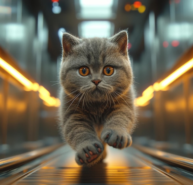 Серая кошка ходит по конвейерной ленте в магазине британская короткошерстная кошка бежит