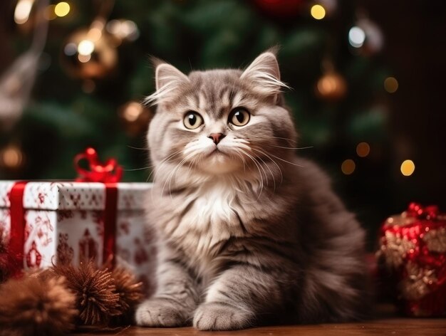 プレゼントを持ってクリスマス ツリーの前でポーズをとる灰色の猫 Genrative AI