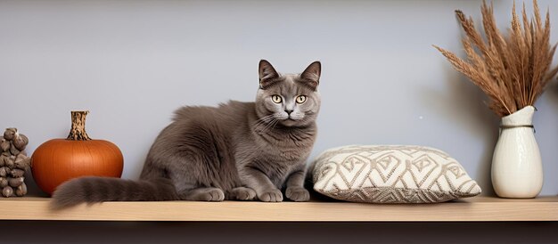 Gray cat sits on shelf brown shelf with white background cushion with deer horns