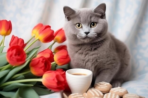 Серая кошка сидит возле белой чашки черного кофе и рулонов с маковыми семенами