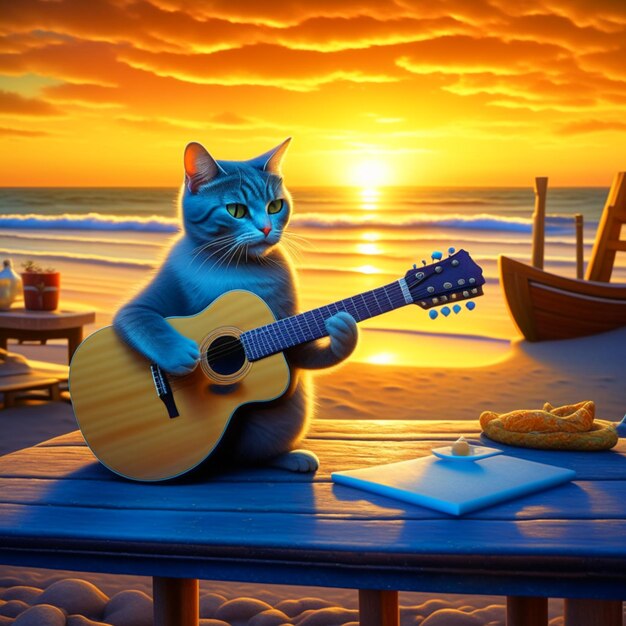 Foto un gatto grigio seduto sul tavolo che suona la chitarra sulla spiaggia con il tramonto sullo sfondo