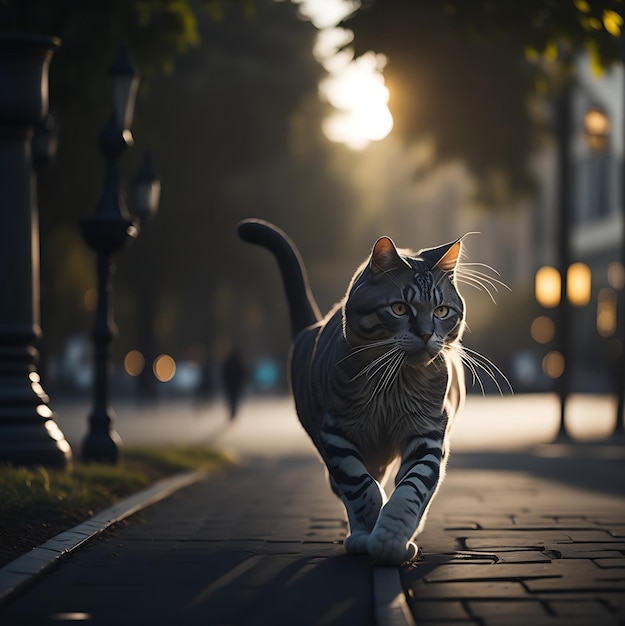 Gray cat walking outside on an Early Morning