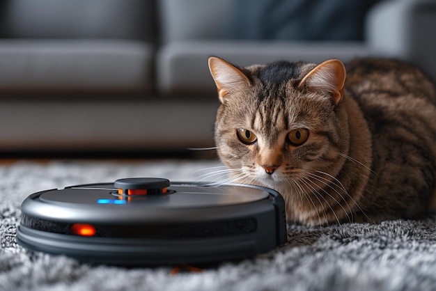 gray cat warily looks at a working robot vacuum cleaner on a carpet in a room