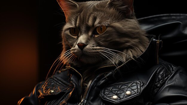 Photo a gray cat wearing a black leather jacket