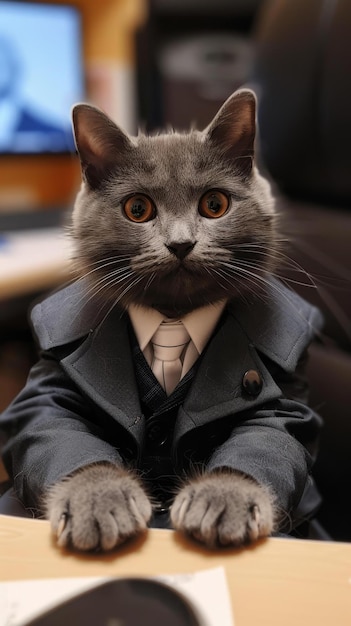 Photo a gray cat wearing a suit and tie is sitting at a desk