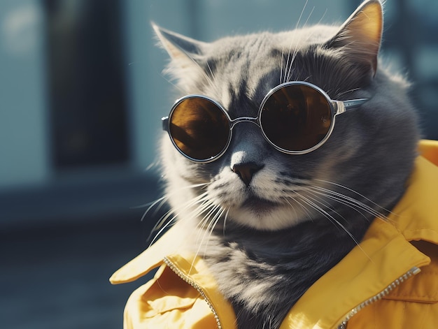 Photo gray cat wearing sunglasses