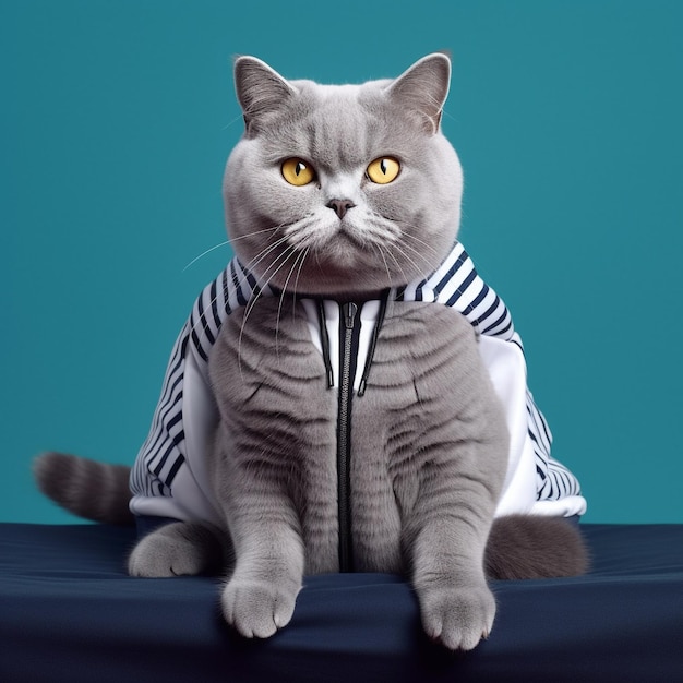 a gray cat with a black and white striped shirt on a blue background