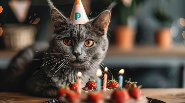 Gray cat with a festive cap and a birthday cake with candles