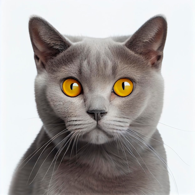 Gray cat with yellow eyes looking into the camera on a white background