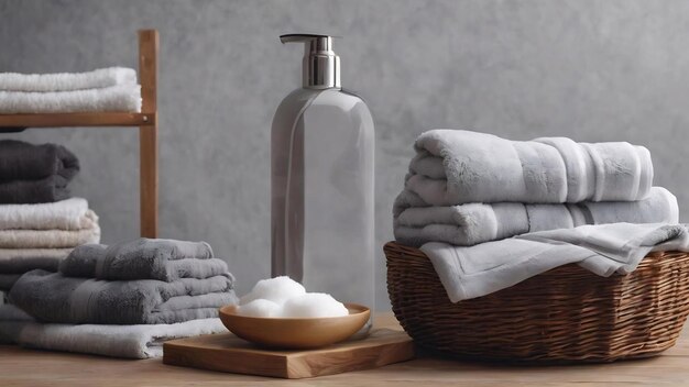 Gray ceramic bottle with white cotton towels in basket