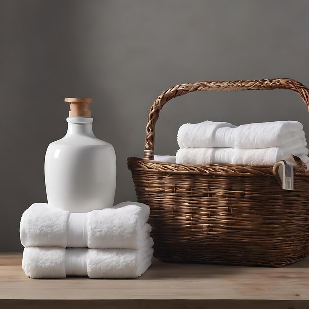 Gray ceramic bottle with white cotton towels in basket