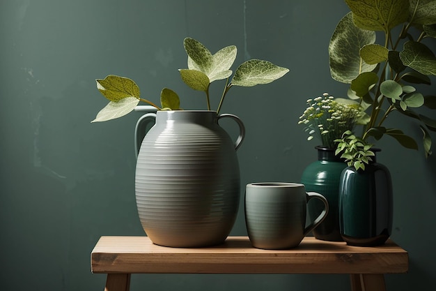 Gray ceramic vase with a mug on a wooden stool by a forest green wall