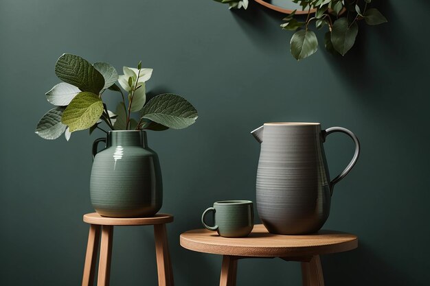 Gray ceramic vase with a mug on a wooden stool by a forest green wall