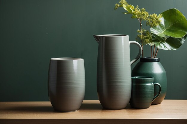 森の緑の壁のそばの木製のスツールにマグカップが付いた灰色の陶器の花瓶