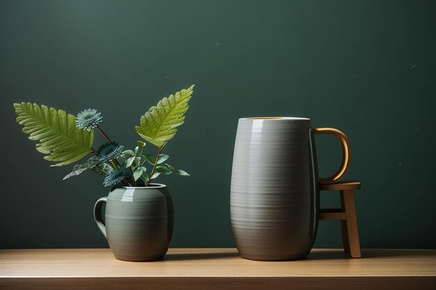 Gray ceramic vase with a mug on a wooden stool by a forest green wall