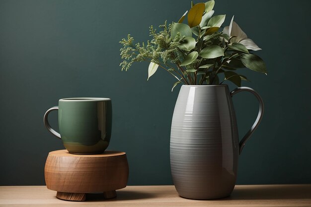 Gray ceramic vase with a mug on a wooden stool by a forest green wall