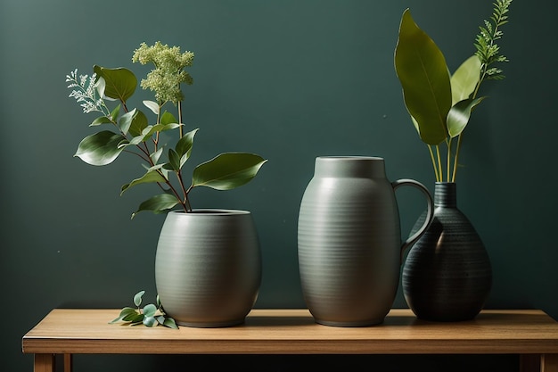 森の緑の壁のそばの木製のスツールにマグカップが付いた灰色の陶器の花瓶