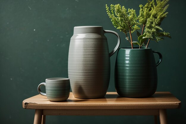 Gray ceramic vase with a mug on a wooden stool by a forest green wall