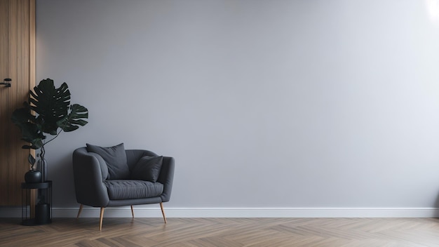 A gray chair in a empty room with a light gray wall.