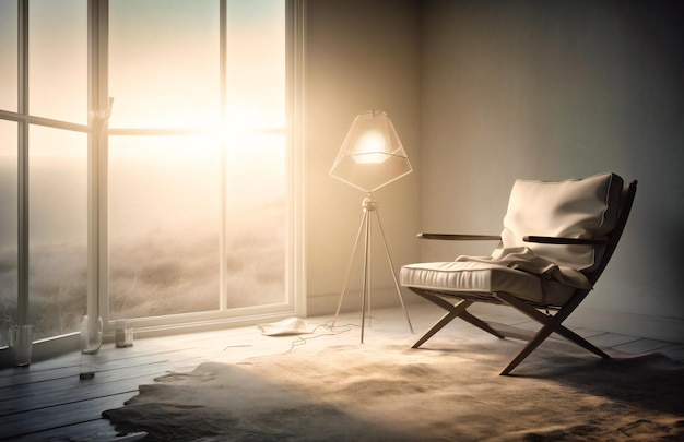 Gray chair and lamp on white floor