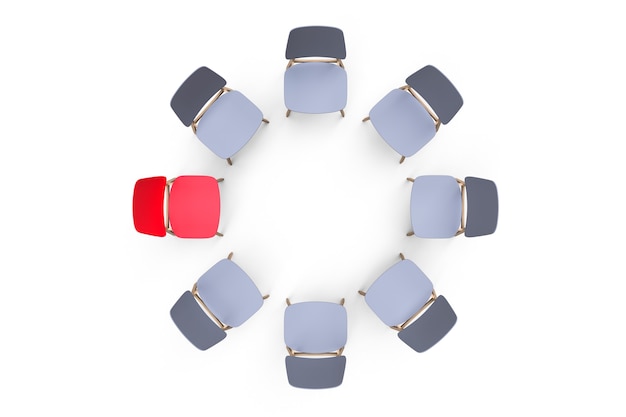 Photo gray chairs stand in a circle on a white background. one red chair stands out.