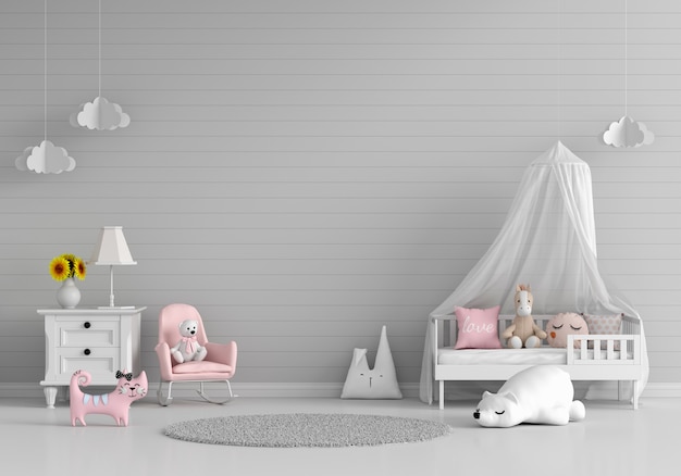 空きスペースのある灰色の子供の寝室のインテリア