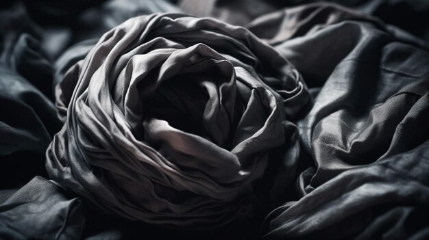 A gray cloth is on a bed with a black background.