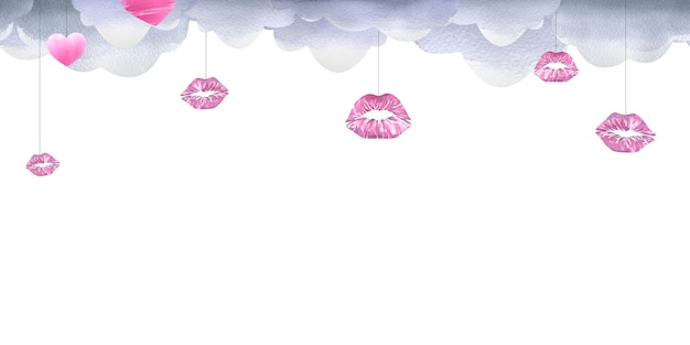 Серые облака с розовыми отпечатками губ, помада, поцелуи, акварельная иллюстрация, бесшовный баннер из коллекции VALENTINE'S DAY Для оформления и оформления пригласительных билетов, плакатов