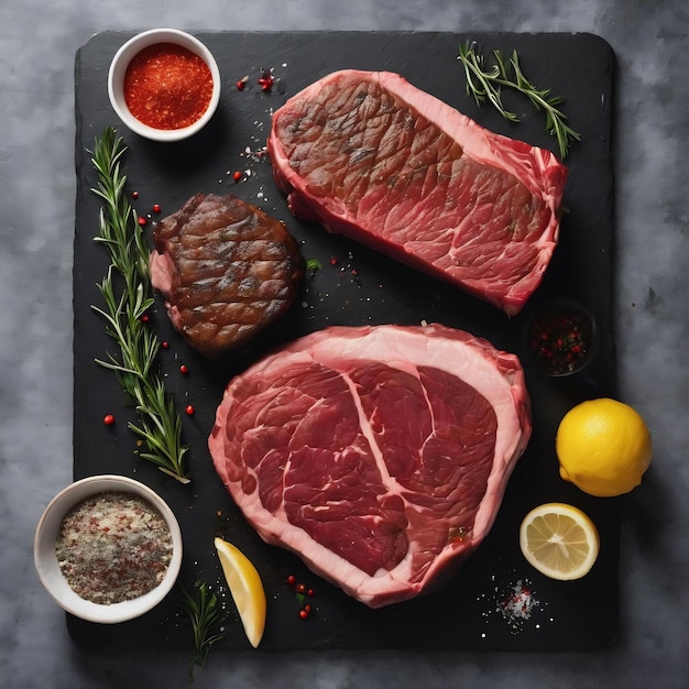 Gray concrete background flat lay with cut of mediumrare red ribeye meat steak on black cutting boa