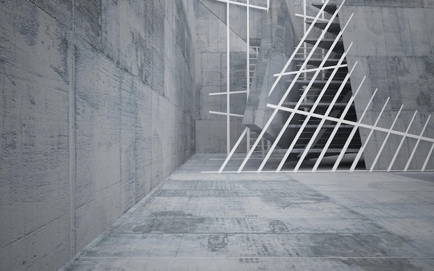 A gray concrete floor with a white staircase and a white staircase.