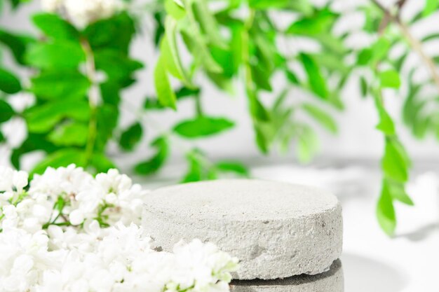 Gray concrete podium with green leaves and white flowers natural background with a stage for product presentation copy space