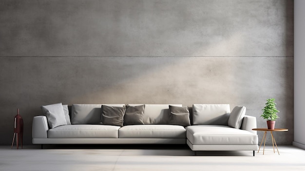 コンクリートの壁のある部屋のグレーのコーナーの快適なソファ