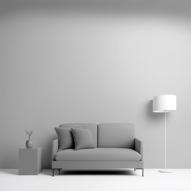 A gray couch with a white lamp next to it.