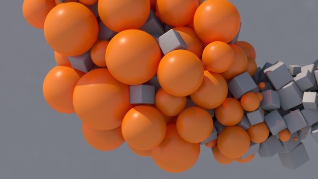 Gray cubes and orange balls Gray background Abstract illustration 3d render closeup