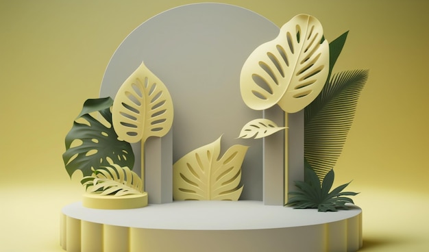 Gray display podium decorated with cartoon tropical leaves on light yellow background Created with Generative AI