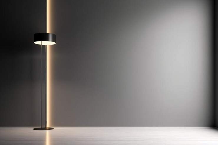 Gray empty wall with builtin lighting and floor lamp Modern stylish neutral background