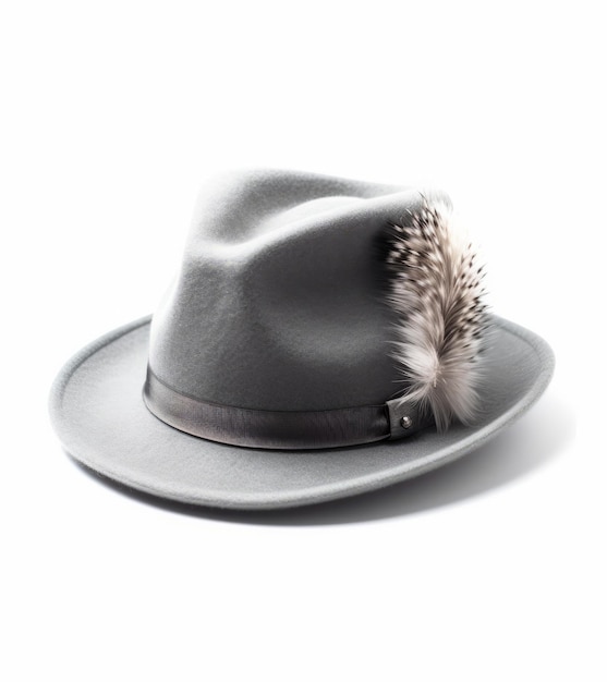 Foto cappello fedora grigio con pelliccia sul lato destro isolato su sfondo bianco