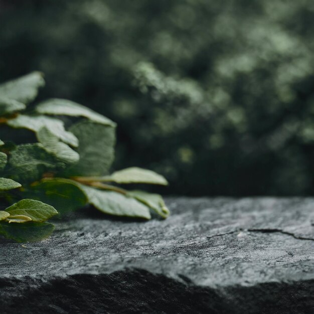 Photo gray flat layer of stone surface with dark blurred nature leaves background ai generatd