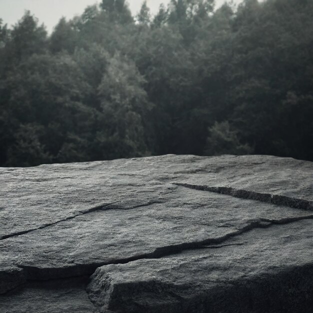 Photo gray flat layer of stone surface with dark forest background ai generated