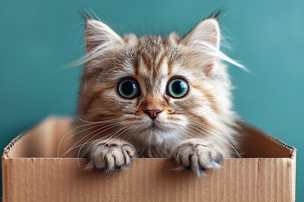 Серый пушистый кот заглядывает из картонной коробки на синем фоне крупный вид спереди