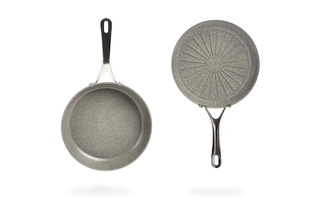 Gray frying pan isolated on white background. Frying non-stick frying pan made of titanium and granite. Isolate with shadow